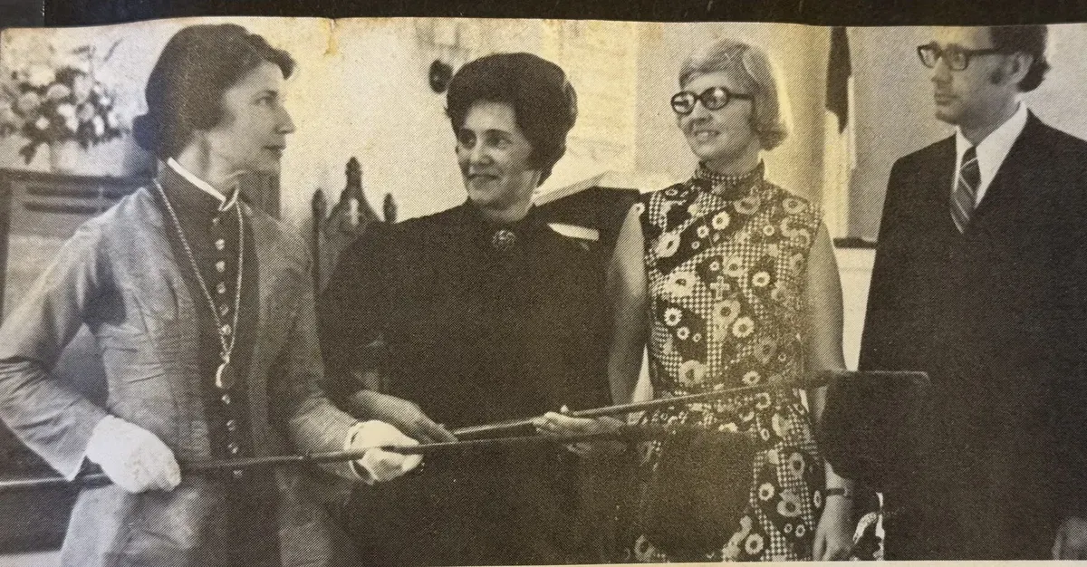 Don and Shirley Mills with 2 ushers dressed in costumes from 1824