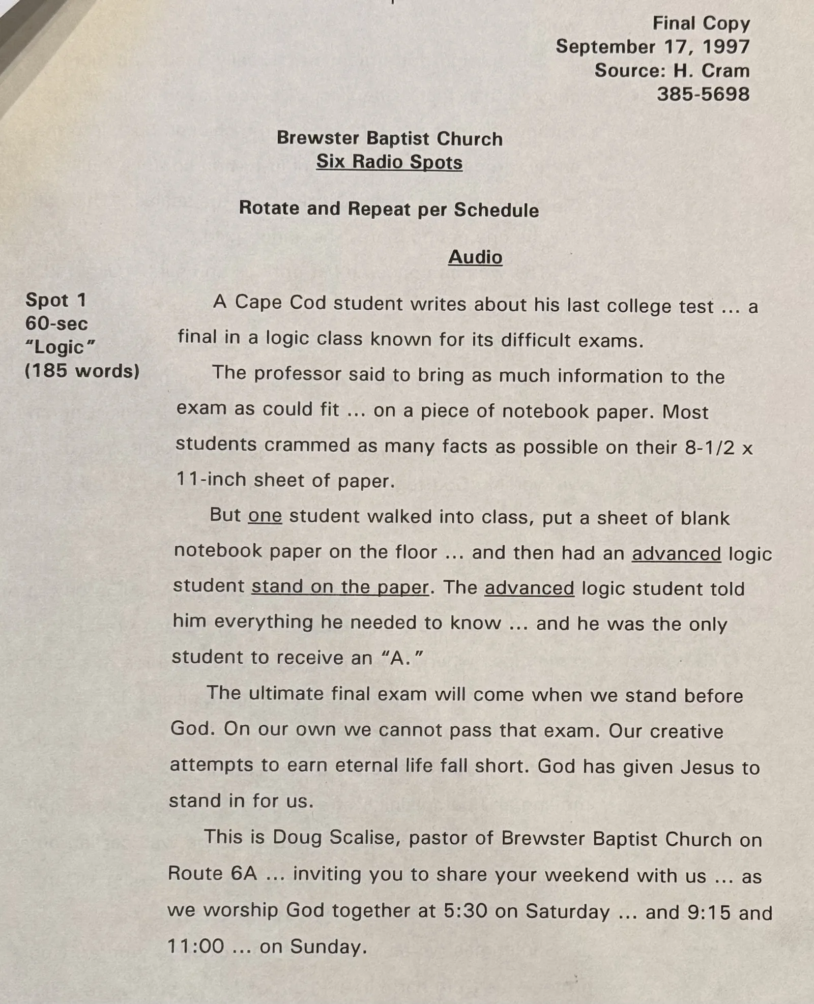 Script for a radio spot